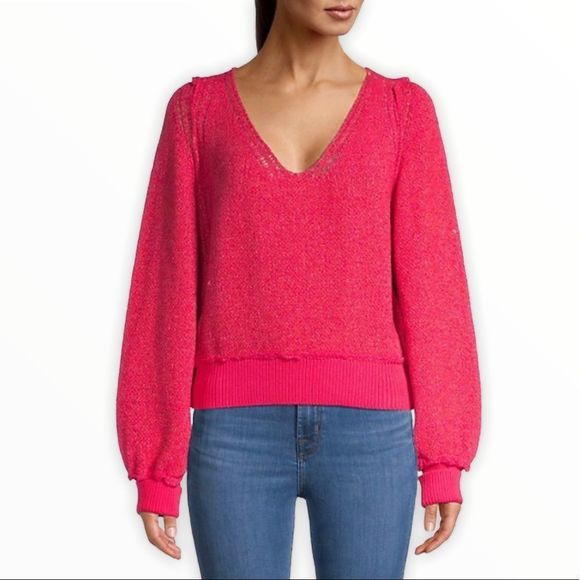 Free People Hot Pink Riptide V-Neck Knit Sweater NWT - Picture 1 of 13